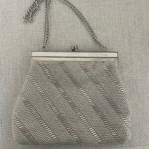 Vintage Beaded Siver and White Kiss Lock Purse made in Hong Kong